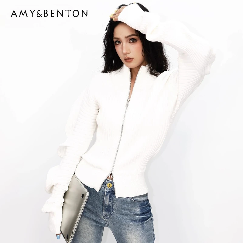 

2025 Autumn New Fashion Simple White Women's Sweaters French Design Double Zipper Slimming Versatile Knitted Cardigan Ladies