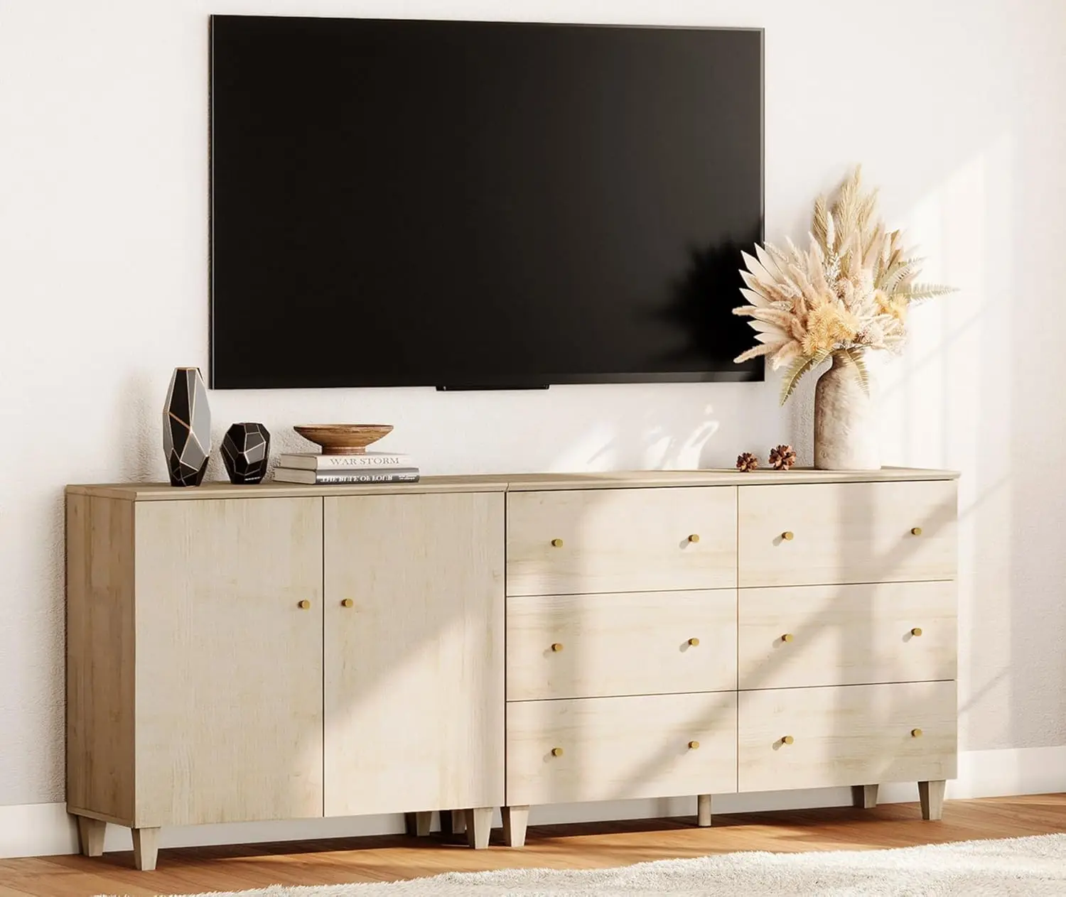 #Oak TV Stand 85+ Inch, Media Console 2 Doors 6 Drawers, Highboy Storage Living Room Bedroom, Customized
