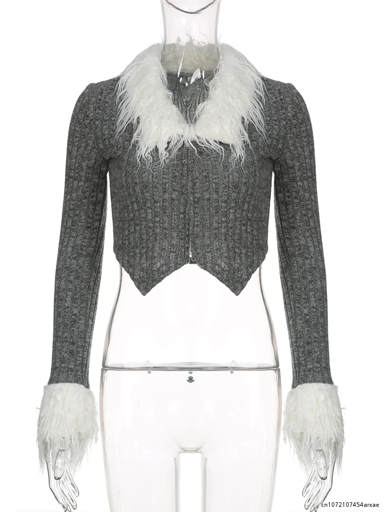 Y2K Sweet Faux Fur Collar And Cuffs Patchwork Sweater Cardigans Women Fall Winter Zip Up Gray Bodycon Sweaters