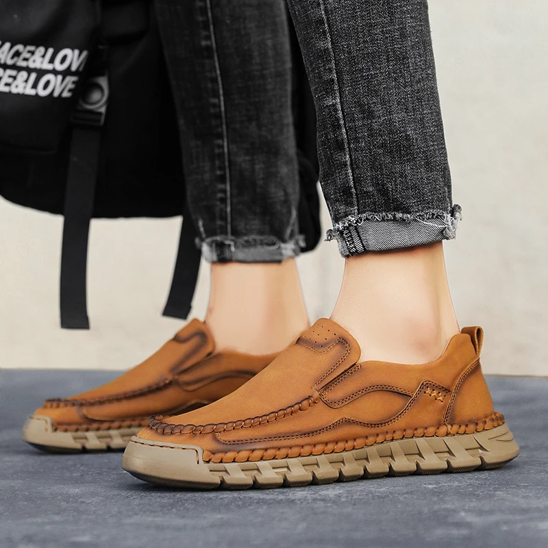 2024 New Men Casual Shoes Handmade Leather Loafers Comfortable Men\'s Shoes Quality Split Leather Flat Moccasins Men Sneakers