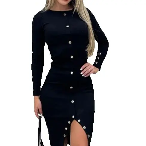 Damesjurken Herfst Nieuwe Vrouwelijke Casual Slanke Bodycon Slit Midi Jurk Vrouw Vakantie Metalen Knop Decor Gebreide Jurk Met Lange Mouwen