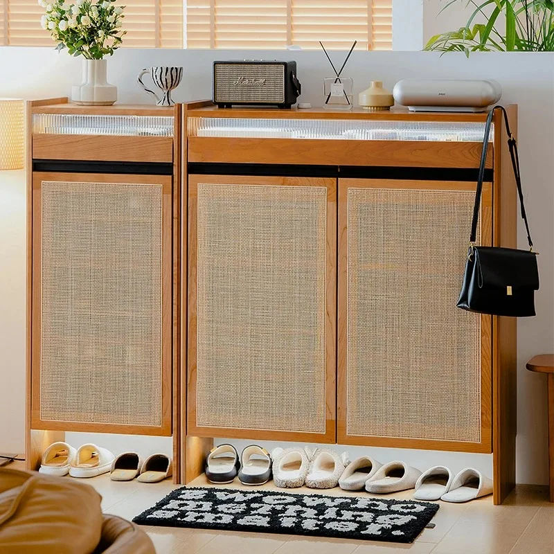 Vertical Rattan Shoe Cabinet Household Door Solid Wood Entrance Shoe Rack Capacity Storage Sapateira Space Saving Furniture