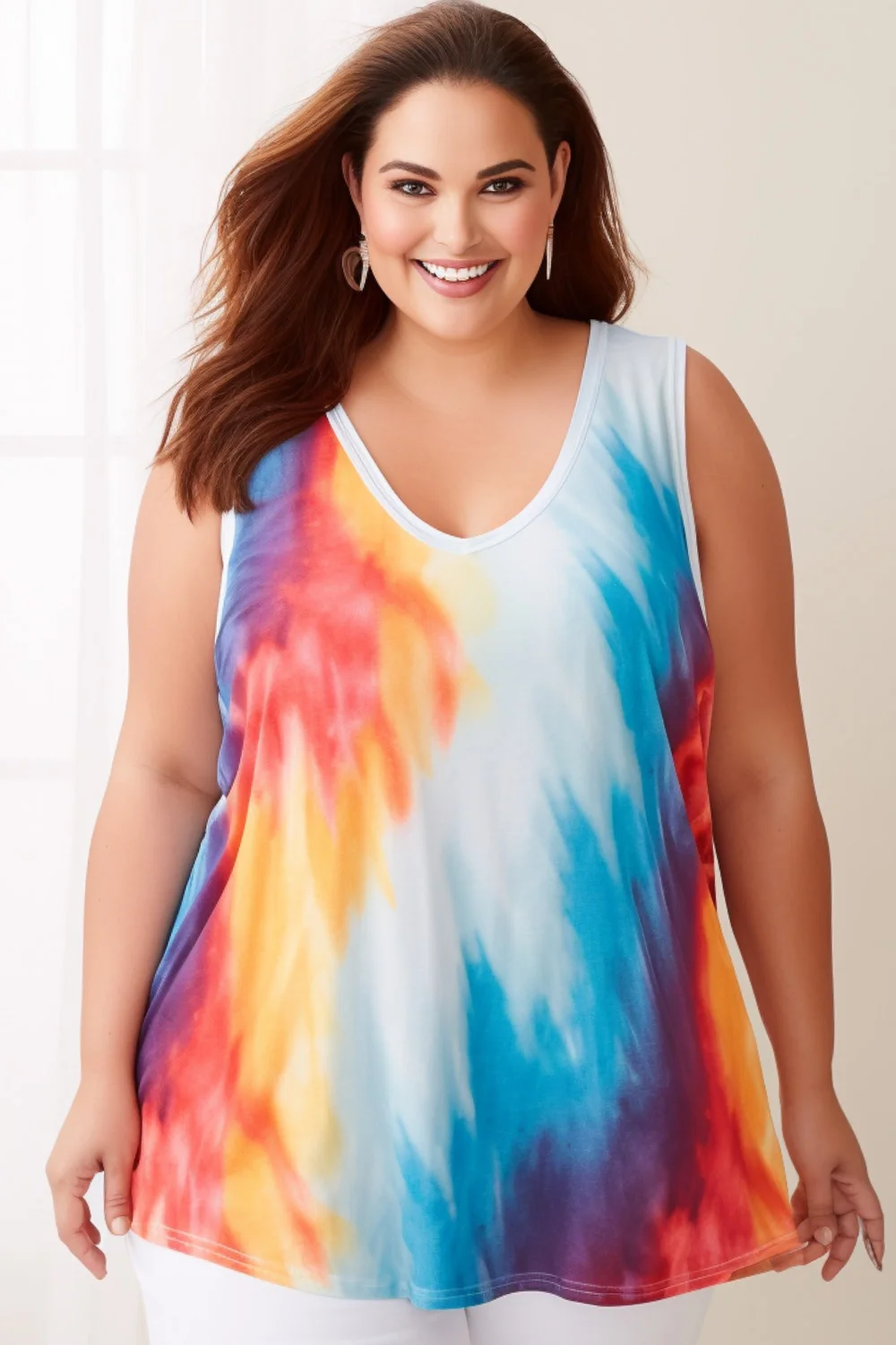 Flycurvy Plus Size Everyday Multicolor Tie Dye Print V Neck Rainbow Tank Top