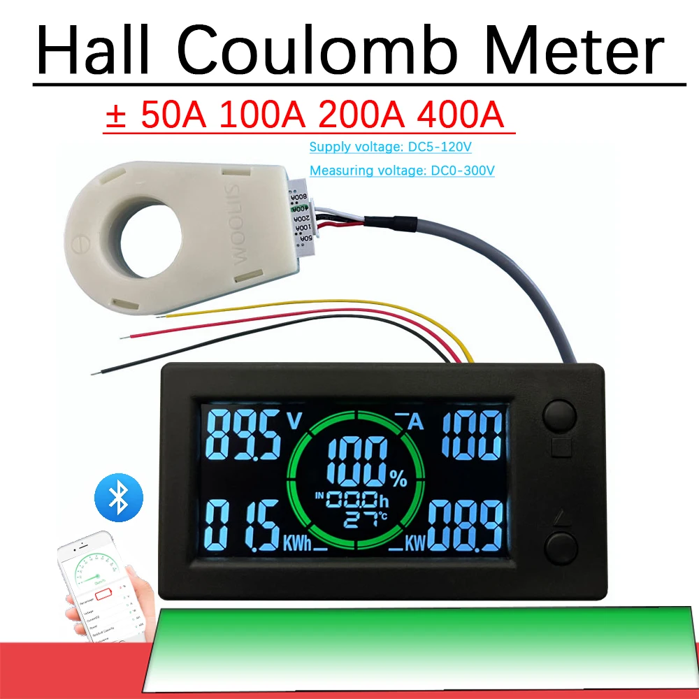 100A 200A 400A Hall Coulomb Meter Lithium Battery Power Display V/A Monitor Lifepo4 lead-acid Li-ion DC 12V 24V 36V 48V 60V BMS