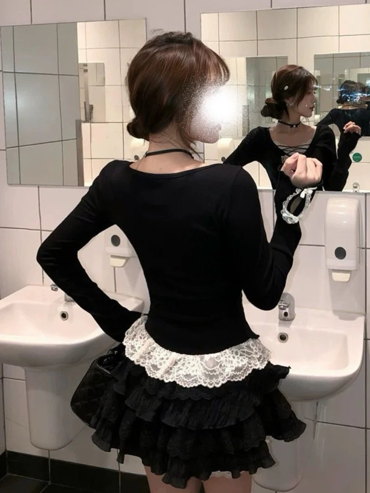 Neue Herbst Vintage Mode Langarm 2-teiliges Set Frau Sexy Bogen Spitze Y2k Tops + Mini Rock Harajuku Dünne koreanische Beliebte Kleidung
