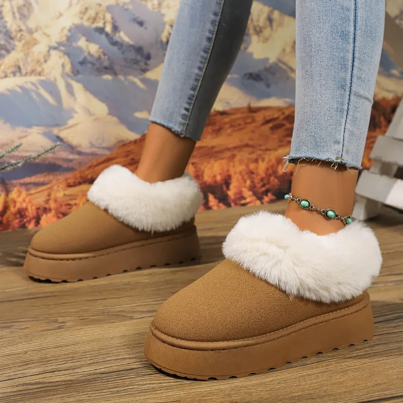 

Women Winter Warm Flat Fur Boots Women Faux Suede Fluffy Furry Home Boots Comfortable Non-slip Floor Cotton Women Shoes