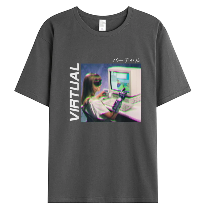 خلل Vaporwave الجمالية الظاهري الرجال تيز نسيج القطن الجدة مصمم نمط الساخن بلايز طباعة تي شيرت الطباعة القمم