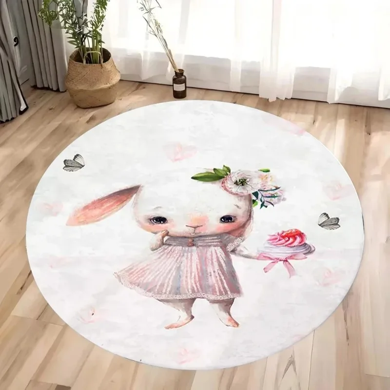 Pink Circular Carpet Cartoon Rabbit Pattern Rug Little Girl Bedroom Anti Slip Dirt Resistant Floor Mat Home Decoration