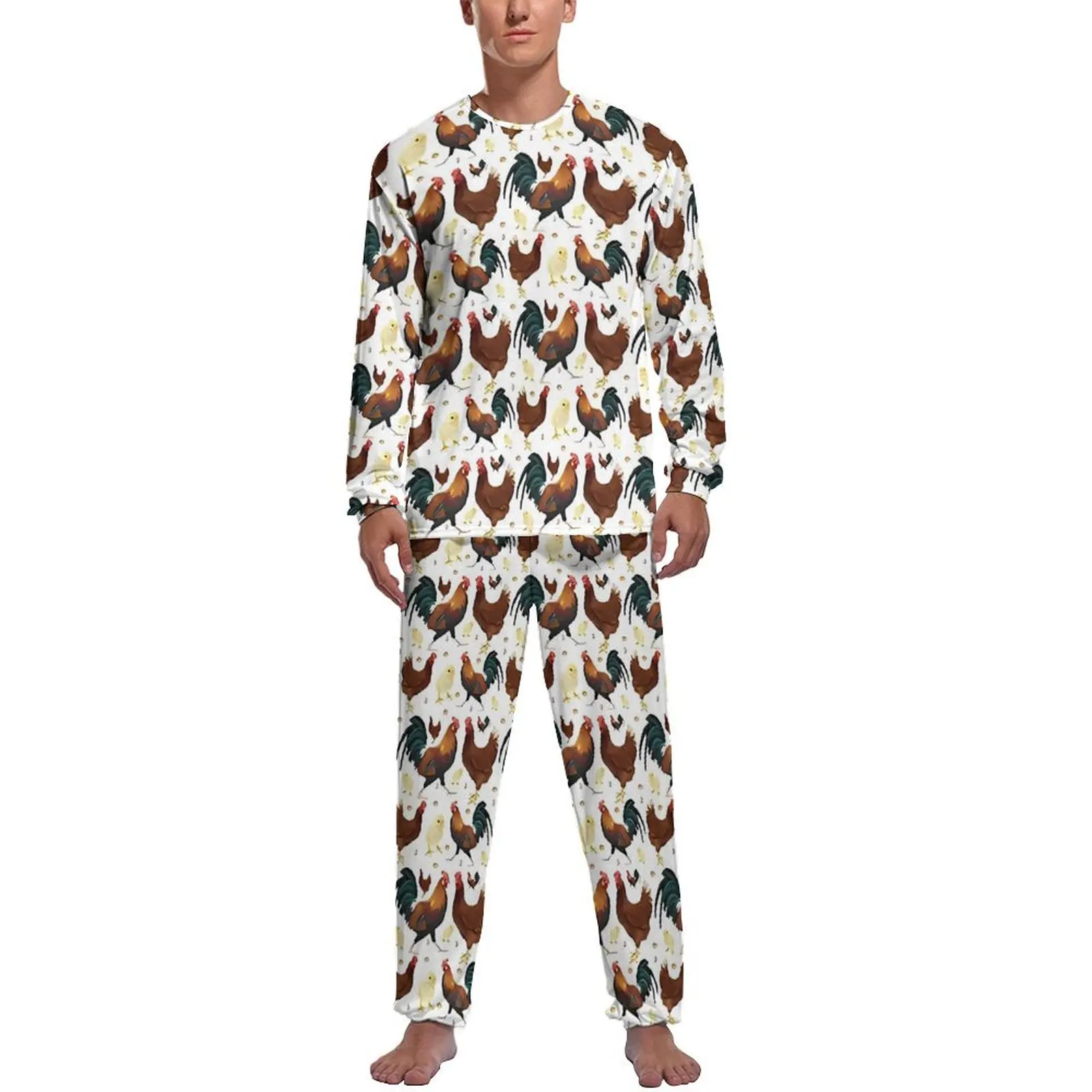 Rooster Chickens Pajamas Autumn Animal Print Room Nightwear Man 2 Piece Printed Long Sleeve Cute Pajama Sets