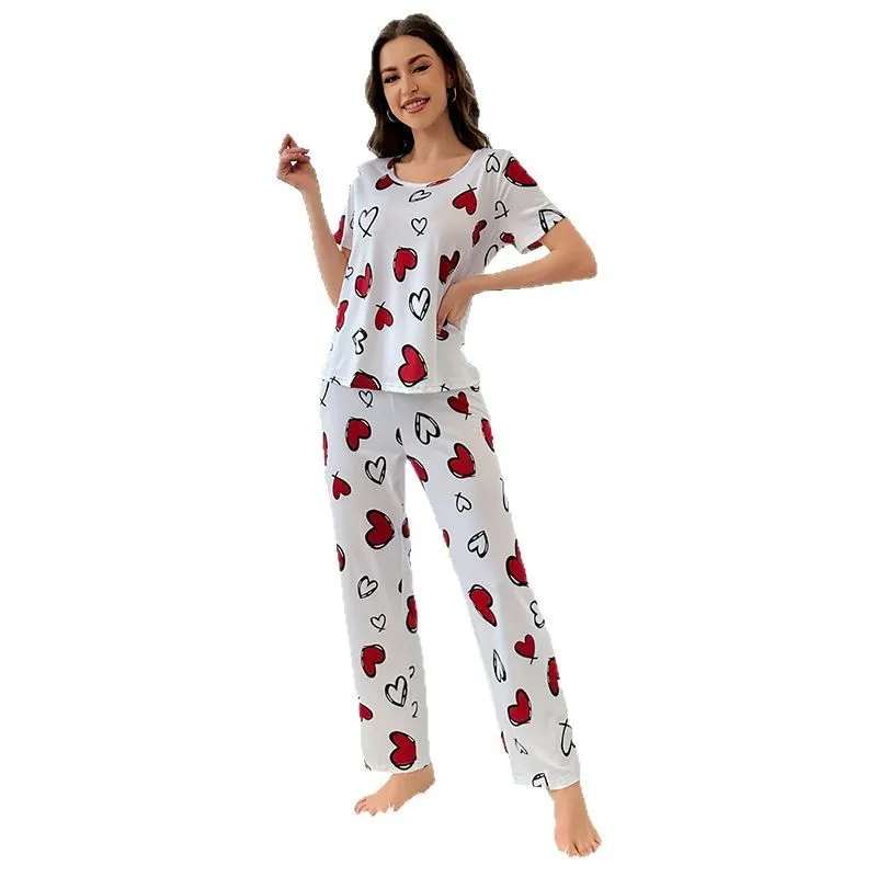 Pigiama da donna con pantaloni a maniche corte con amore stampato comodo pigiama alla moda casual per la casa