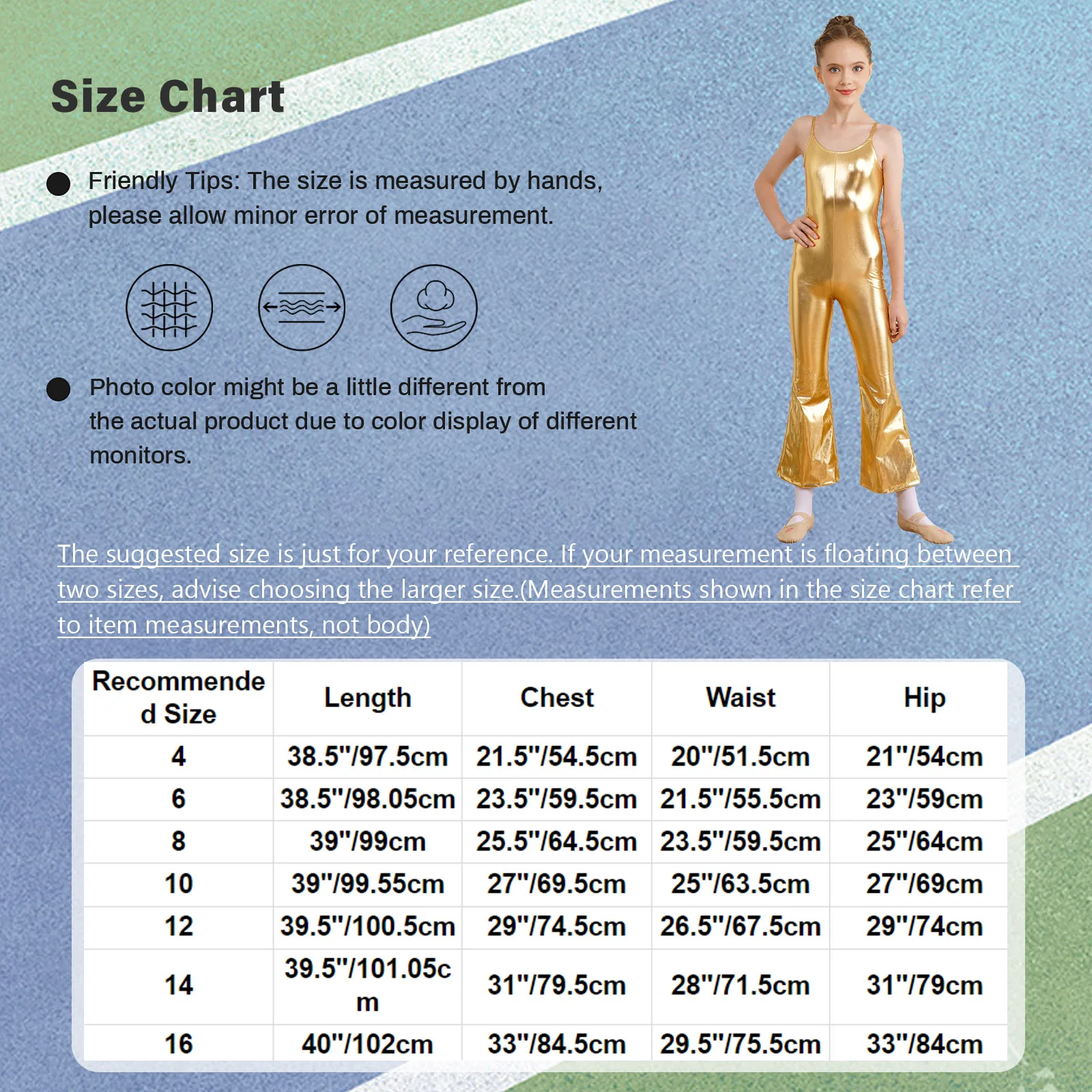 Kids Girls Metallic Gymnastics Jumpsuit Sleeveless Bell-Bottomed Bodysuit Latin Jazz Dance Competition Stage Performance Costume