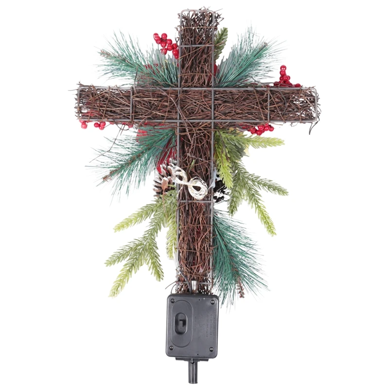 Christmas Cross Stake Metal Cross Solar Powered With Fairy Lights, Natural Rattan, Red Poinsettia & Berries
