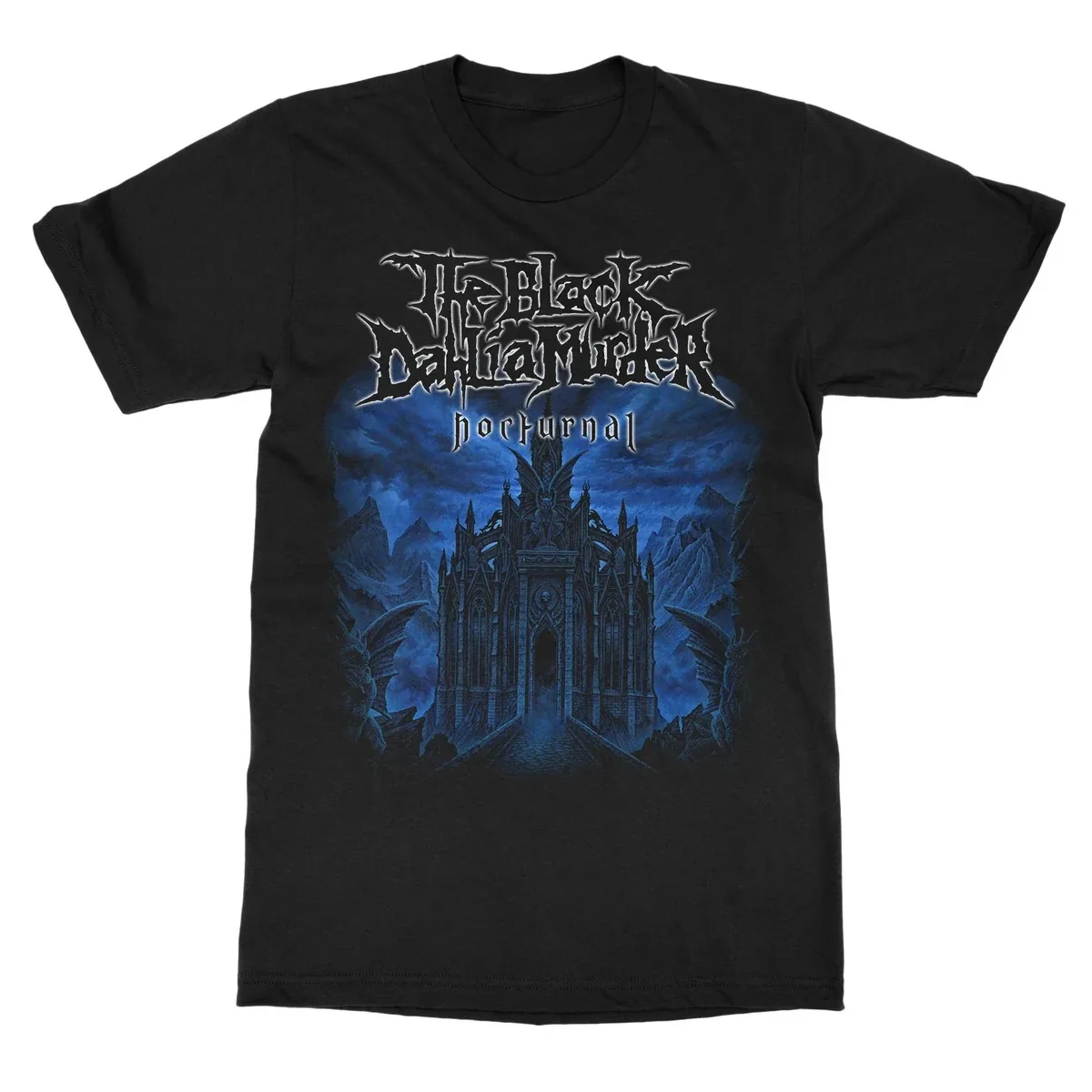 The Black Dahlia Murder Majesty Dark Fantasy Castle Art Print T Shirt, Epic Demon Scenery Painting and Orange Sharp Band