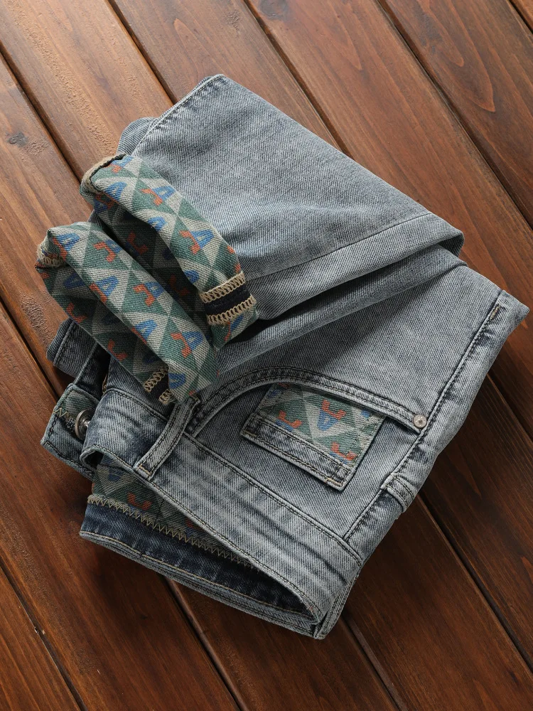 2025 New Men's Fashion Printed Small Feet Elastic Casual Trendy Versatile Light Blue Pants