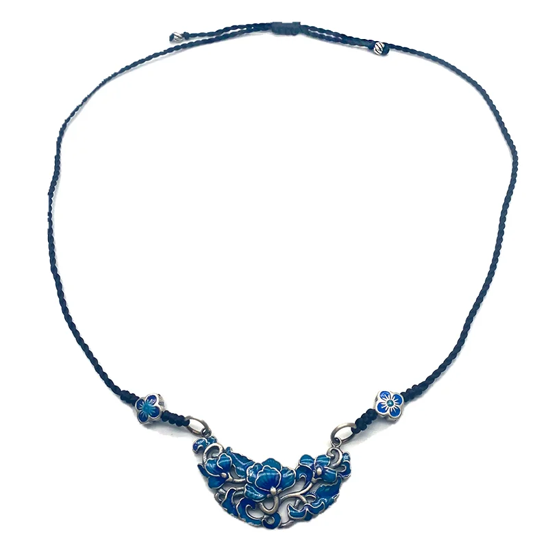 Ethnic Vintage Style Copper Silver Plated Cloisonné Floral Basket Pendant Adjustable Choker Handwoven Cord Necklace for Women