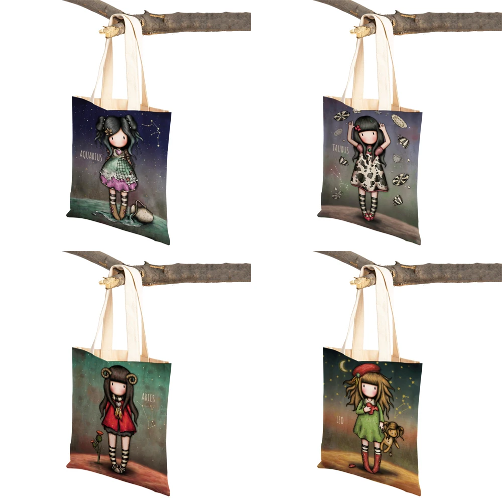 Cartoon Children Women Shopping Bag Both Sided Foldable Reusable Canvas Casual Cute Girl Tote Travel Portable Lady Handbag