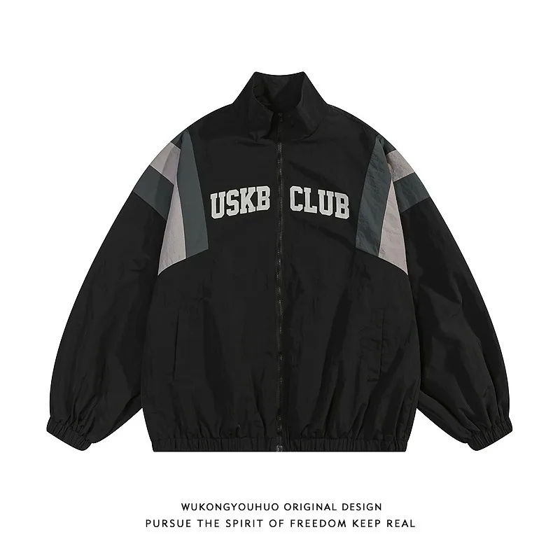 Y2k American Vintage Street Spliced Stand-Up Collar Jacket Men Women 2024 Harajuku Spring Casual Vintage Sports Couple Jacket