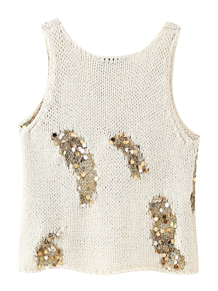 KAOPU ZA Women sequin knit tank top vintage v-neck sleeveless female waistcoat chic tops