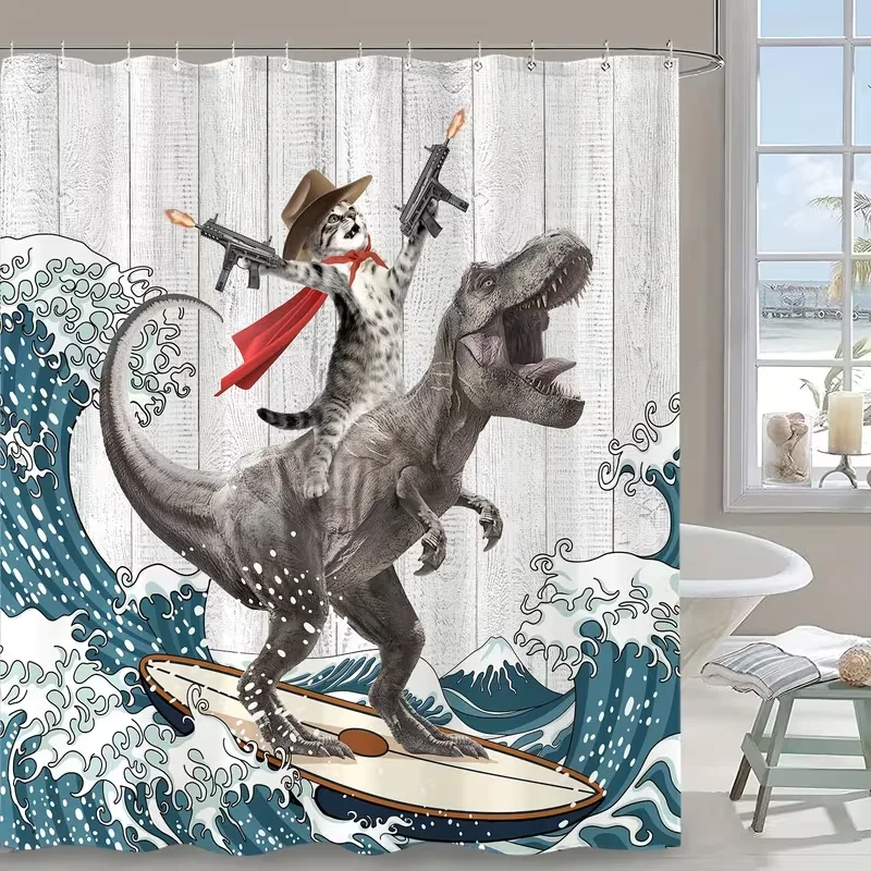 VIKAMA Western Cowboy Cat Tyrannosaurus Rex Surfing Shower Curtain Cartoon Whimsical Design Unique and Humorous Atmosphere Decor