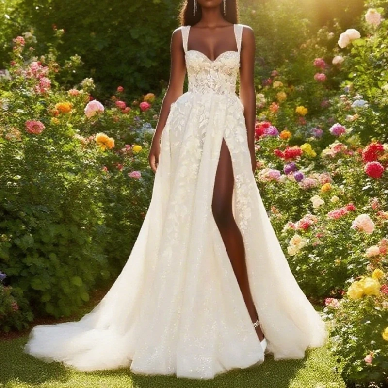 

Sleeveless A-Line Wedding Dress Appliques Bride Gown Split Beach Party Princess customized Vestido de Noiva