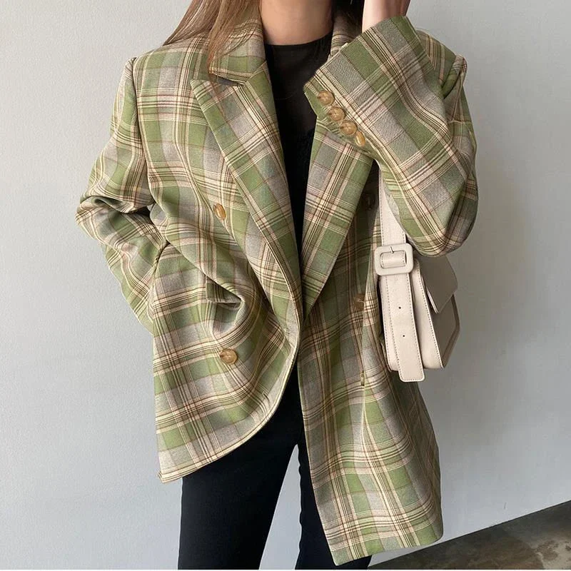 Vintage Loose Women Plaid Blazer 2023 Autumn Chic Double Breasted OL Female Long Sleeve Suit Jackets Oversized Blazers Long