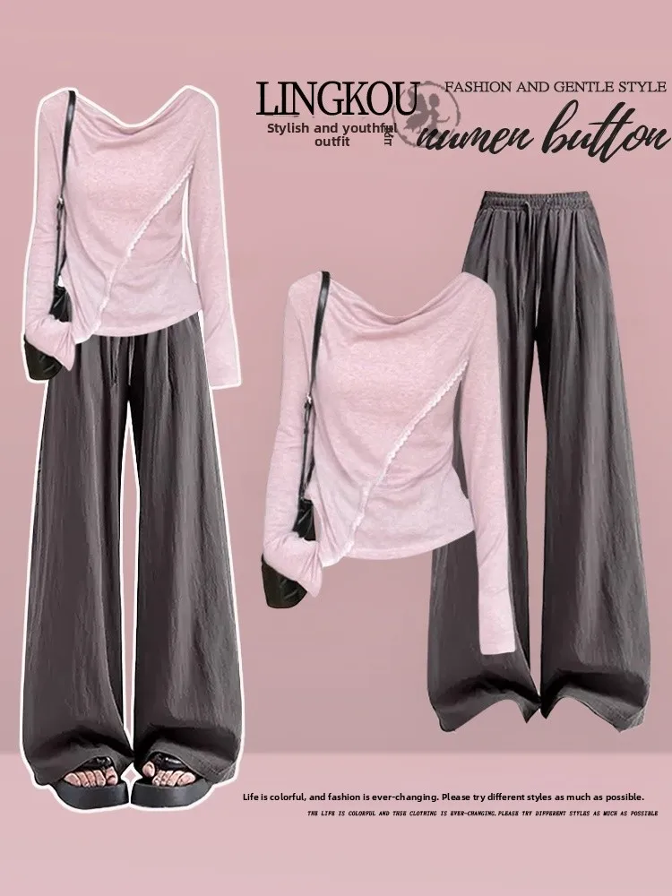 

Элегантный весенний женский модный комплект больших размеров: повседневный красивый топ в непринужденном стиле и брюки для отдыха, комплект из двух предметов, высокое качество