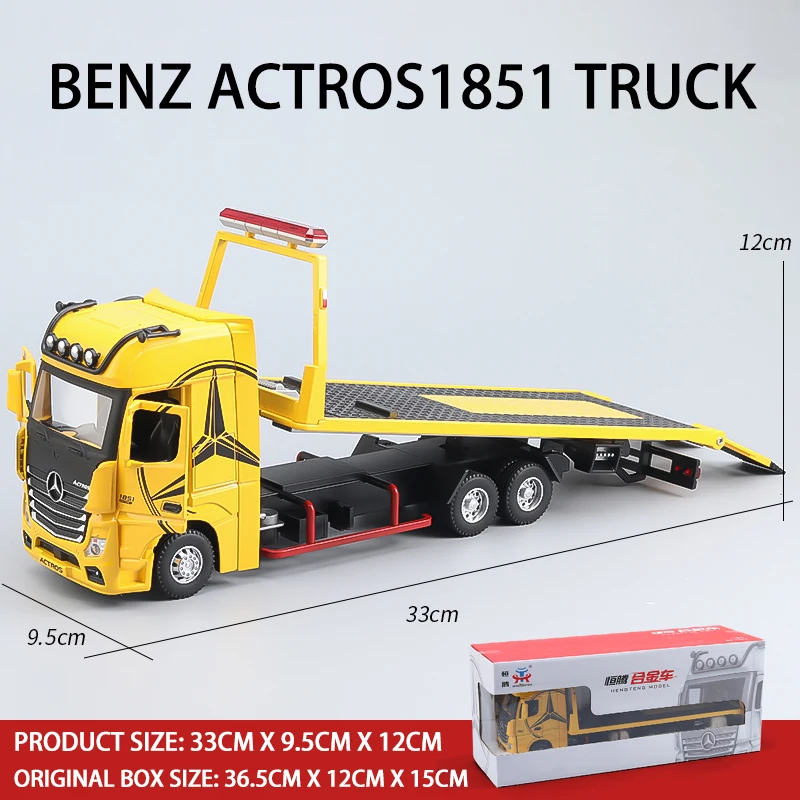 Large Diecast Mercedes Benz 1851 Flatbed Trailer Truck Alloy Model Car Equipped Vehicle Simulation Sound & Light Toy For Kids