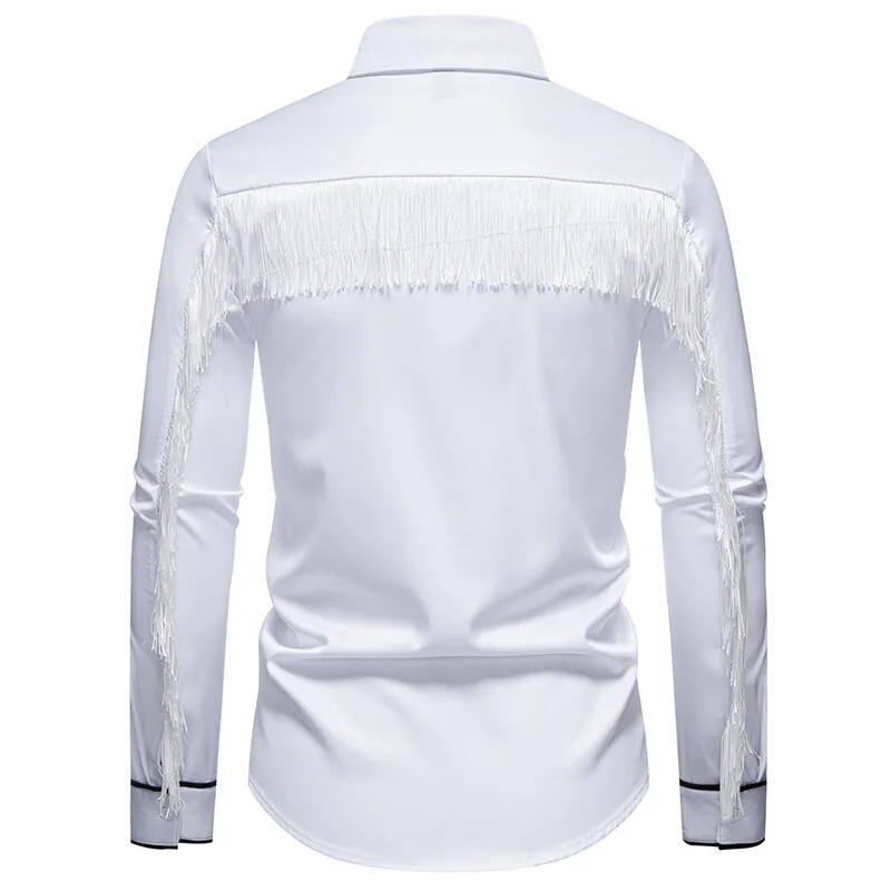Spring New Fashion Tassels Design Mens Smooth Long Sleeve Shirt Embroidery Costume Performance Shirts Male Party Nightclub Shirt
