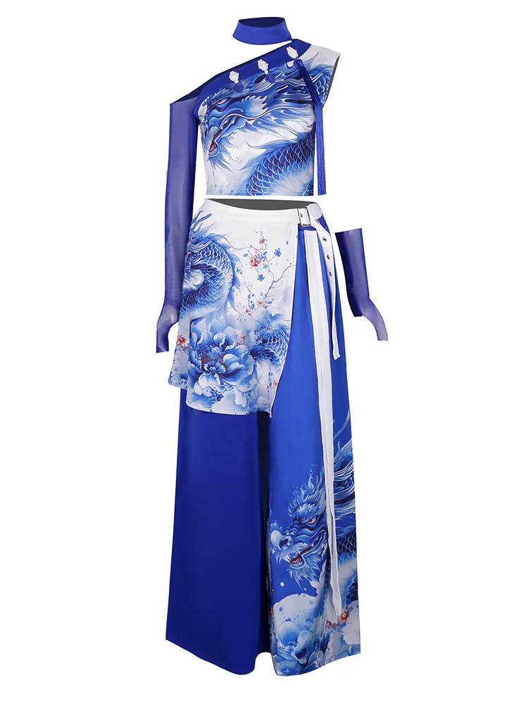 زي رقص وطني أزرق للنساء، ملابس رقص الجاز المثيرة للبالغين، زي رقص للعروض الجماعية التقليدية الصينية