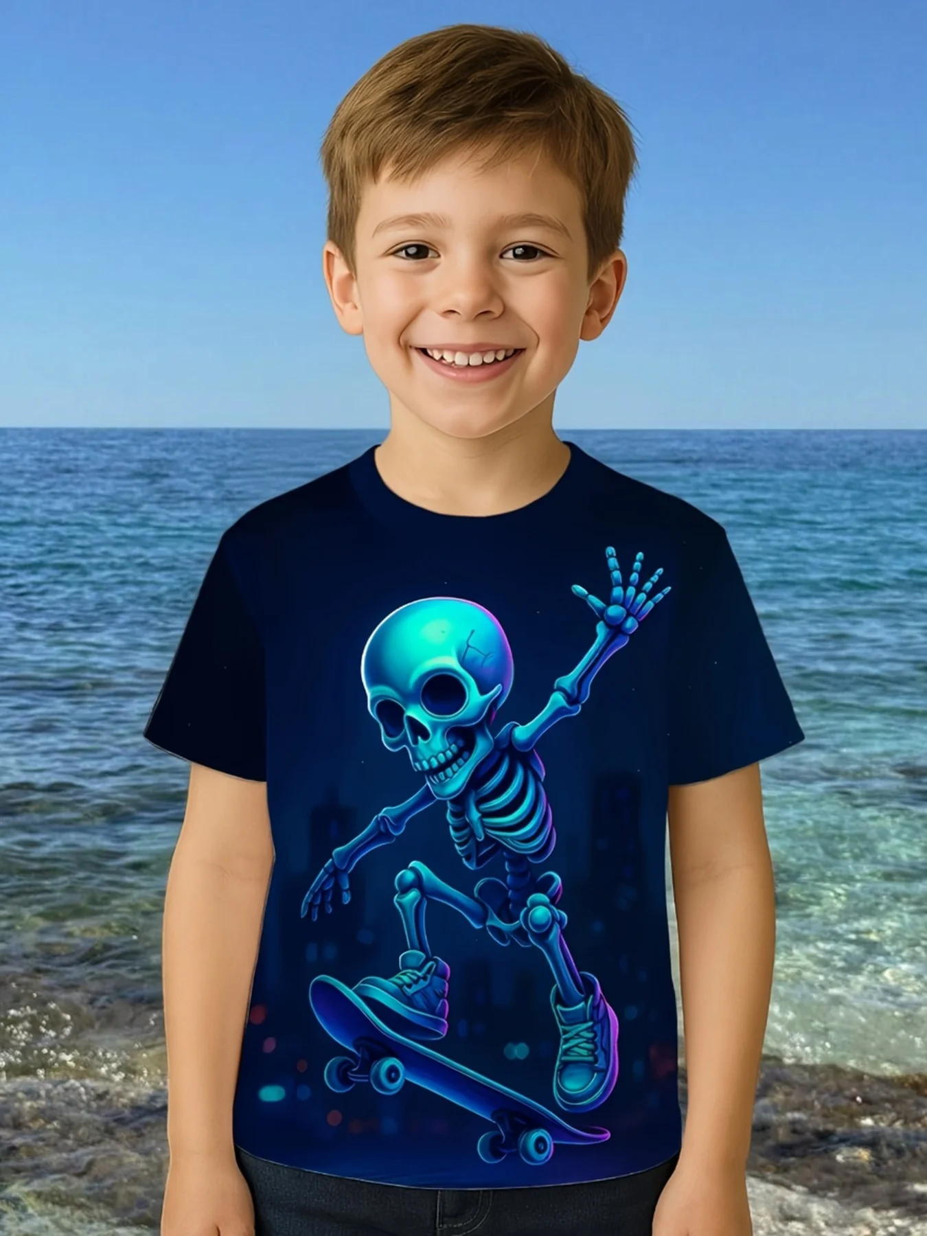 Brand Boys Skull Skateboard Print T-Shirt Breathable Crew Neck Summer Kids Tee Machine Washable Vivid Print For Outdoor Wear