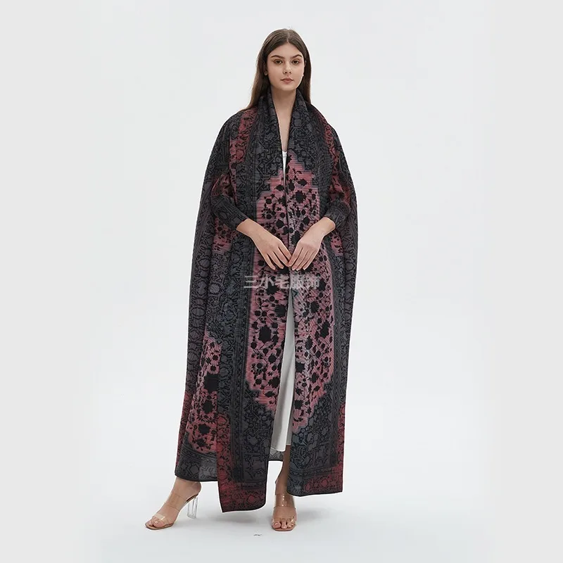 Autumn New Plus Size Bat Sleeves Windbreaker Coat Vintage Geometric Print Pleated Dress Shawl Robe