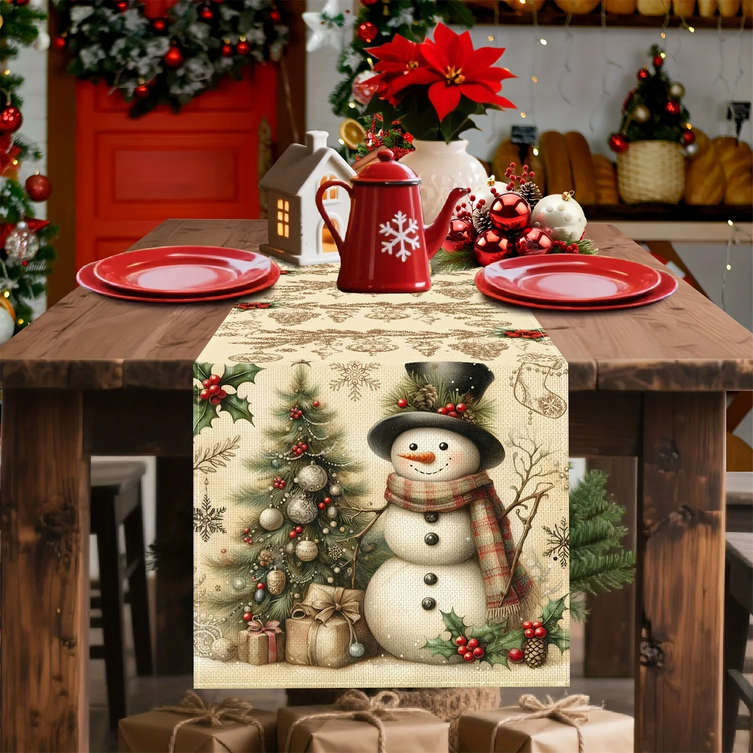 1pc Vintage Christmas Snowman Print Table Runner for Family Dinner, Afternoon Tea, Dining Table Decoration and Lounge Area Decor