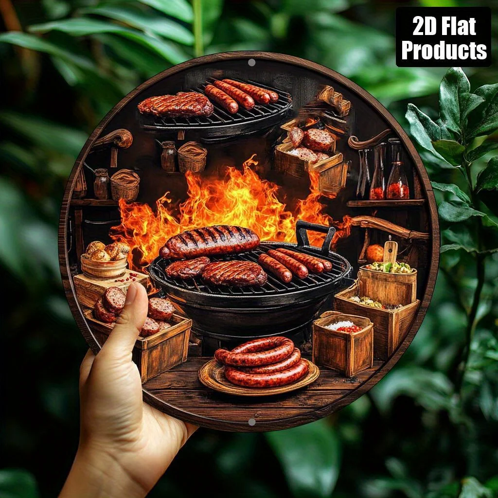 2D Flat, 1pc, Barbecue Theme, circular aluminum metal decorative signboards and plaques, home decoration, suitable for bar, kitc
