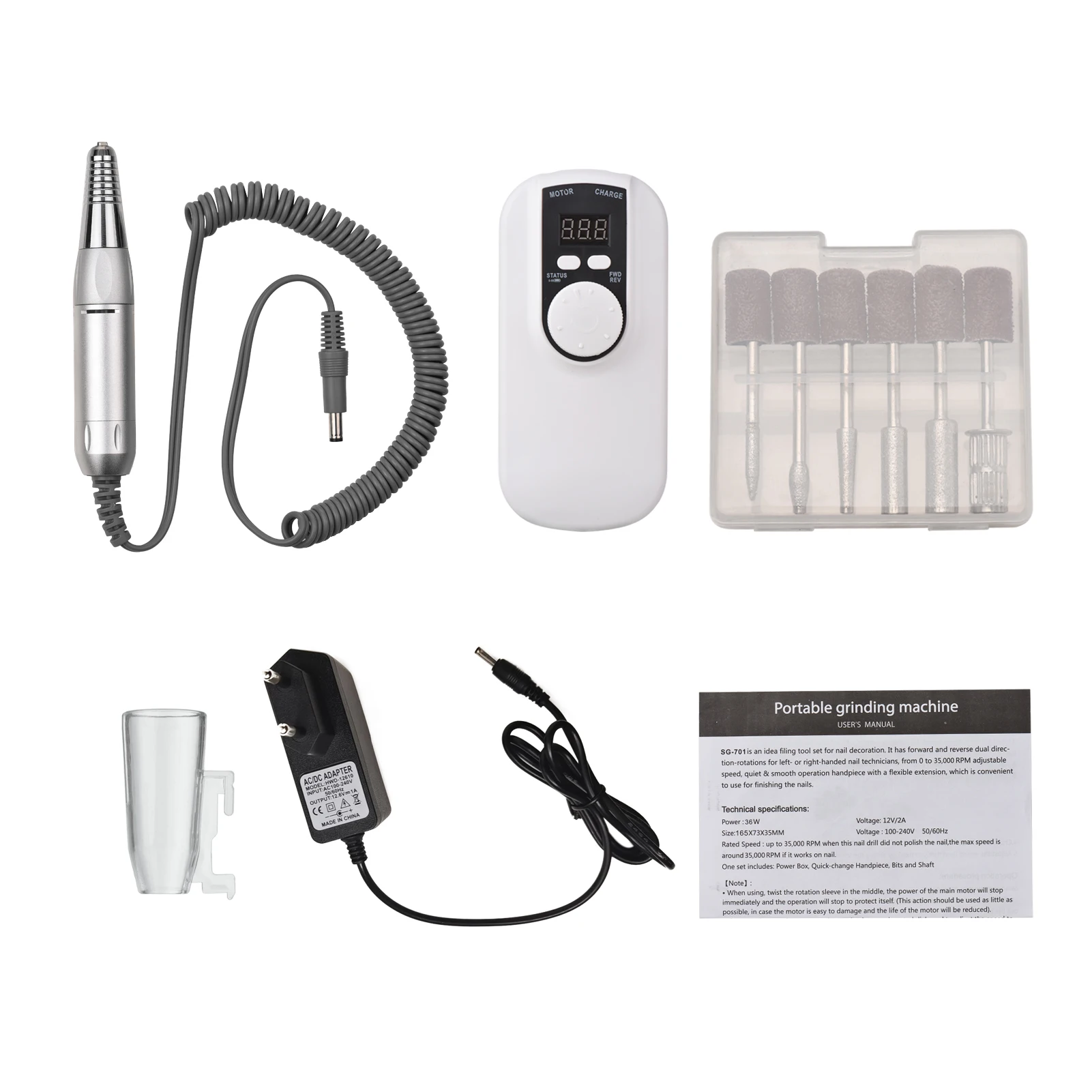 Trapano per Unghie Ricaricabile Elettrico 35000RPM Alta Velocità con Display LED e Supporto per Penna