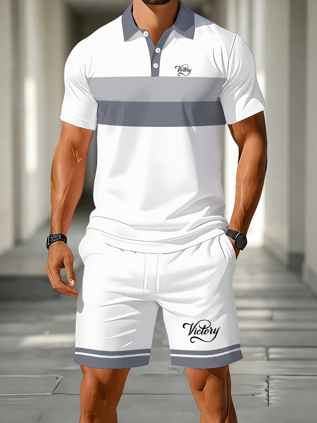 

White Gray Horizontal Striped Mesh Men's Two-piece Suit with Printed Text Collar Top and Drawstring Shorts At The Cuffs