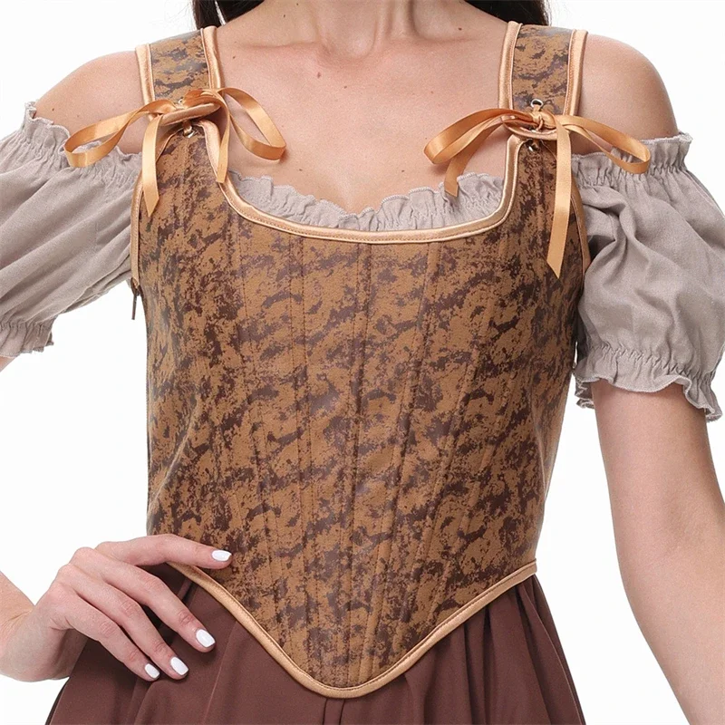 Women Gothic Shoulder Strap Overbust Corset Vest Coffee Vintage Lace-up Side Zipper Bustier Tops Lingerie Body Shaper Corselet