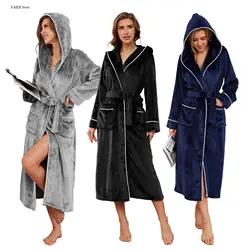 Women's Bathrobe Gown Warm Flannel Kimono Lady Sexy Hooded Nightgown with Pocket Autumn Winter Shower Robes Soft Loungewear