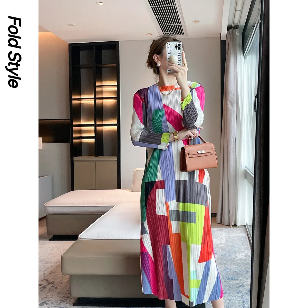 Miyake's Pleated Autumn New High-end Geometric Print Round Neck Slim Fit Long Dress Shows Slimming Temperament and Elegant Dress