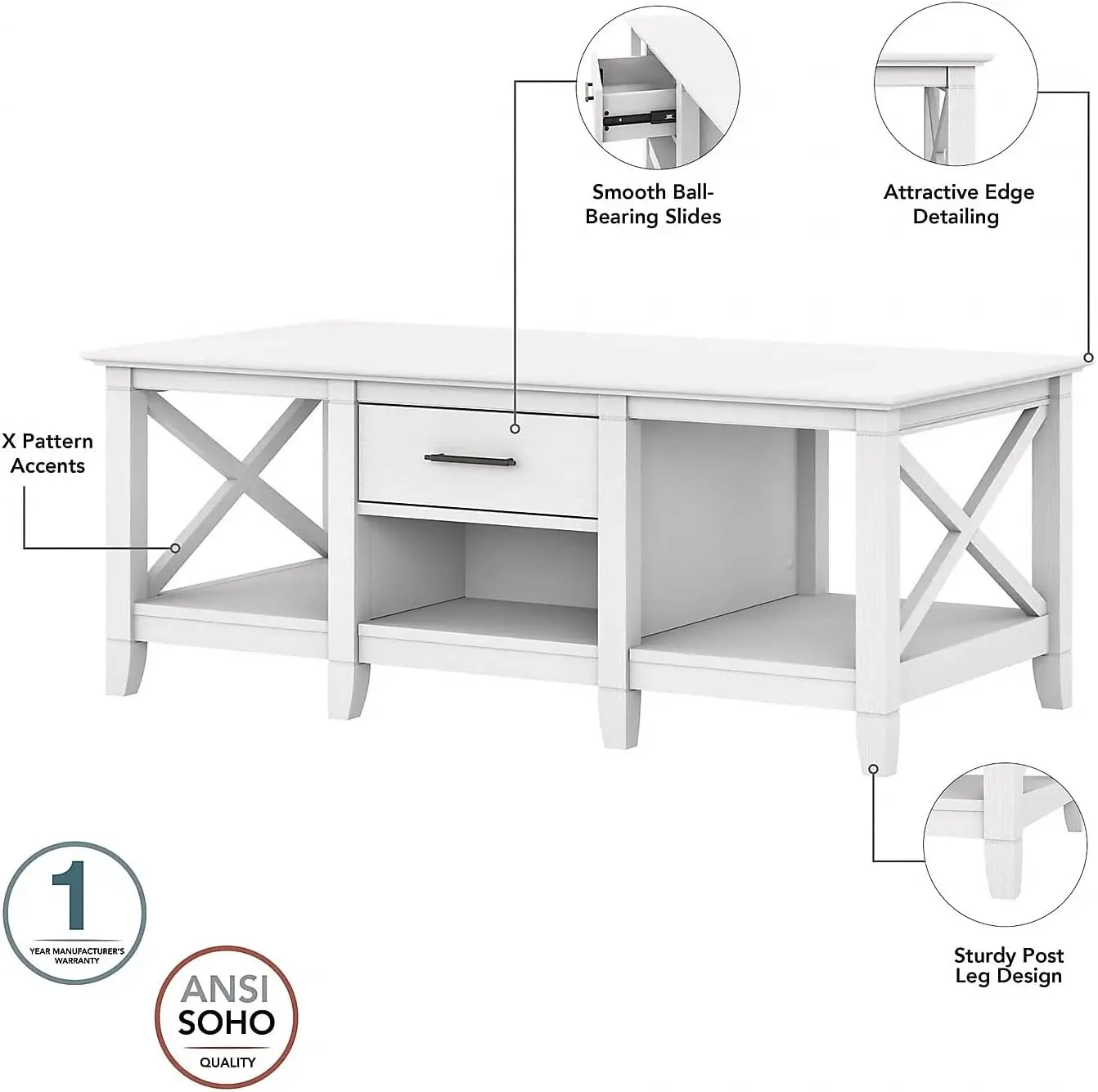 Meubles Key West Table basse de 47x24 pouces avec rangement, chêne blanc pur (KWT148WT-03)