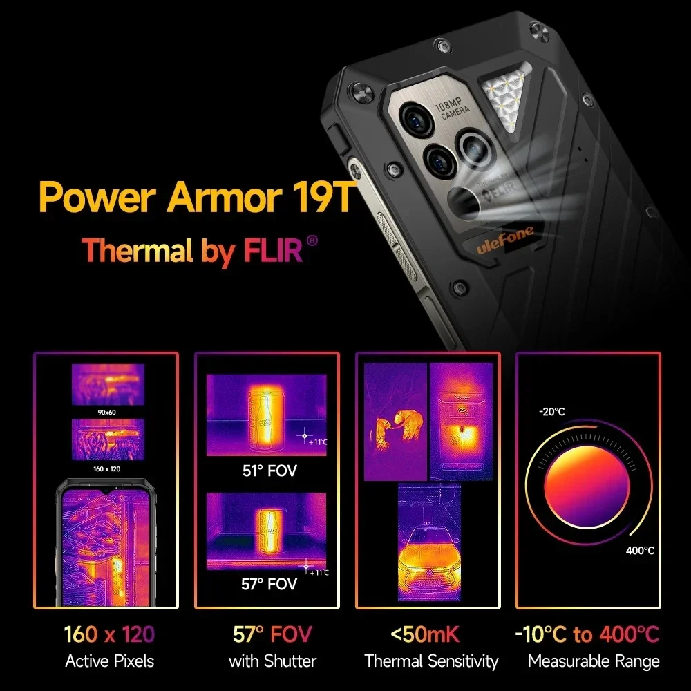 Ulefone Power Armor 19T Rugged Smartphones 17GB+256GB Android 12 Mobile Phone Thermal Imaging Camera 9600mAh 66W Fast Charge NFC