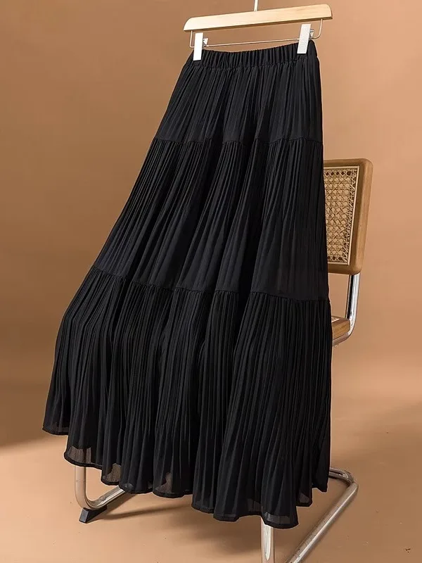 

plus Size Women's Black Mesh A-Line Skirt Summer New Style Slimming Belly Covering Elegant Flared Korean Style Long Skirt