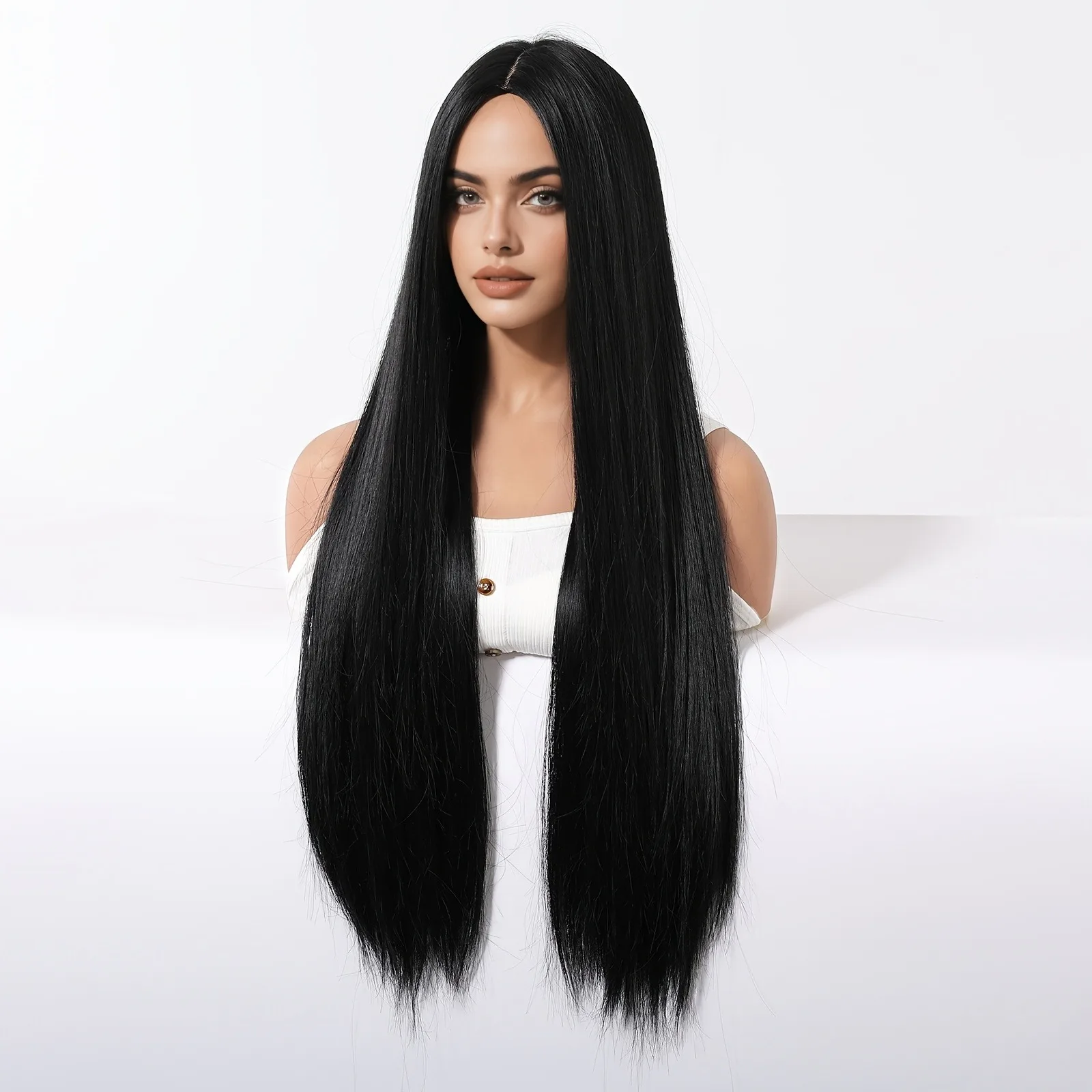 Elegant 28 Inch Black Straight Synthetic Wig for Women, High Temperature Fiber, 150% Density, with Rose Net Cap, for Parties and image 4