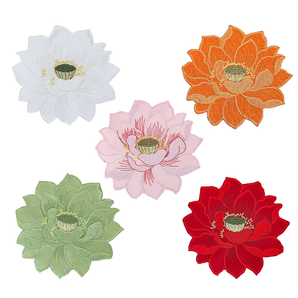 Embroidered Lotus Applique Garment Flower Decor Iron on Transfer Patches for Clothing Curtain Finish Fabric Table Insulation Mat