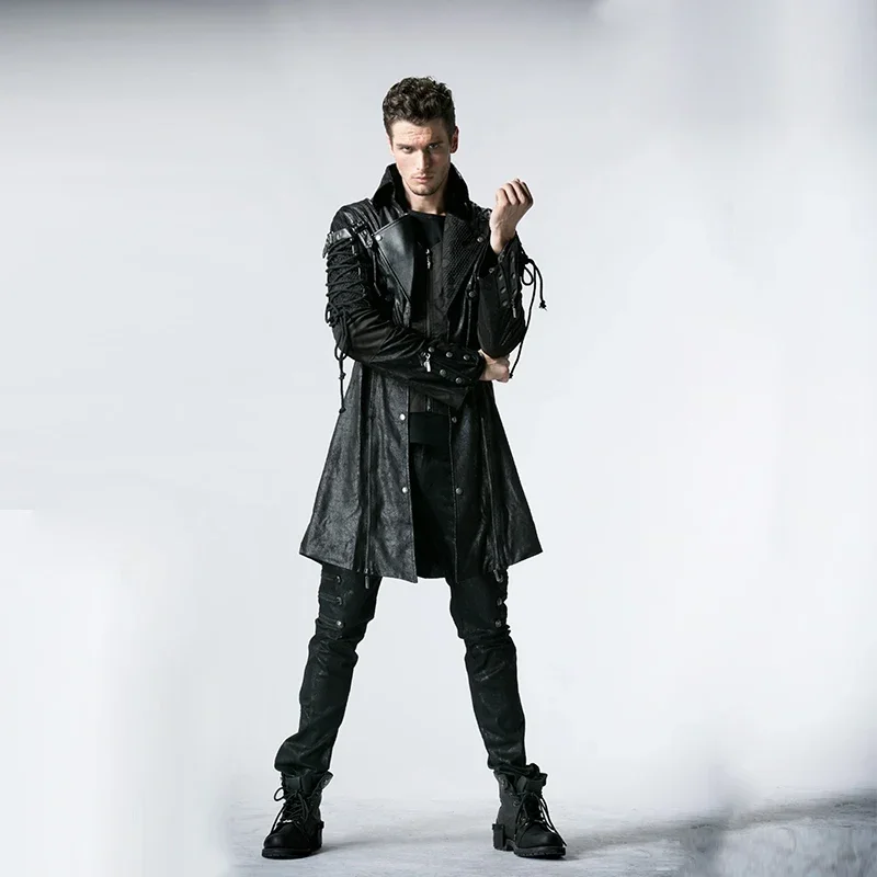 PUNK RAVE Punk Military Autumn Winter Jacket Western PU Leather Slit Unisex Gothic Retro Style Faux  Men Long Coats