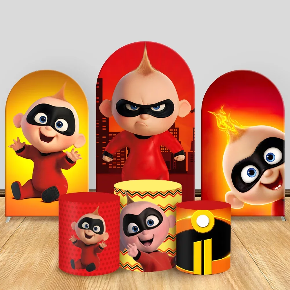 

Incredibles Theme Arch Backdrop Jack Parr Super Babyshower Boy Birthday Photography Cylinder Cake Table Cover Custom Party Decor