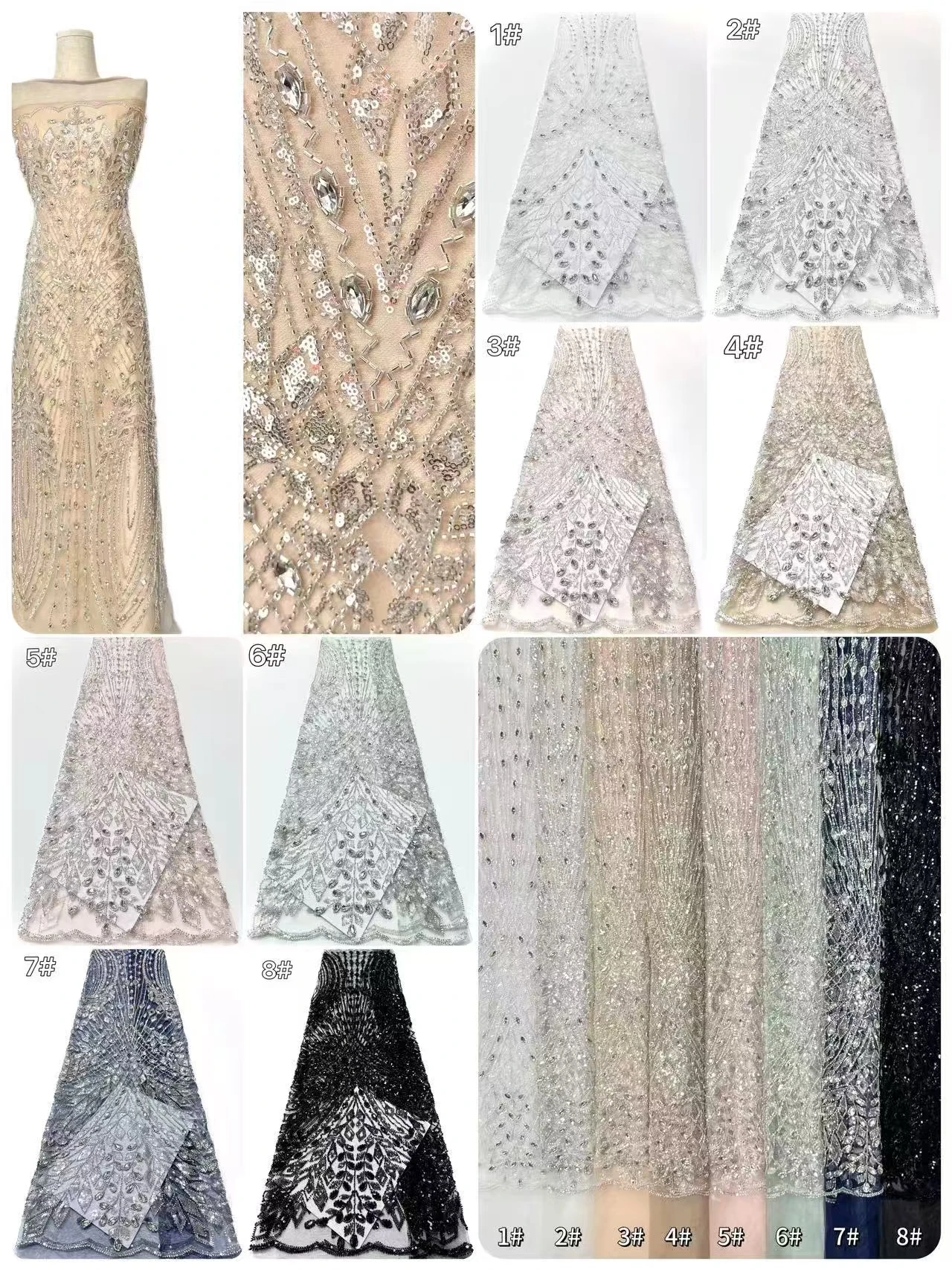 قماش دانتيل حجر مطرز يدويًا فاخر أفريقي عالي الجودة قماش دانتيل تول ترتر نيجيري ثوب زفاف وفستان سهرة 1959 #5