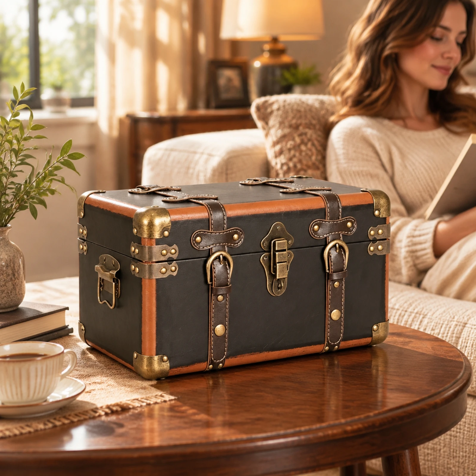 Wooden Storage Trunk with Hinged Lid Rustic Vintage-Style Wooden Trunk Hinged Lid Portable for Photography Props
