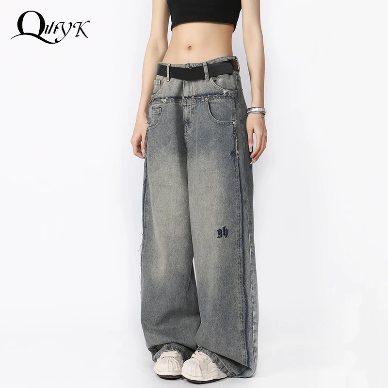 

Womens Blue Wide Leg Baggy Jeans Embroidery Double Low Waisted Denim Jeans Trousers Loose Boyfriend Pants Vintage Y2K Streetwear