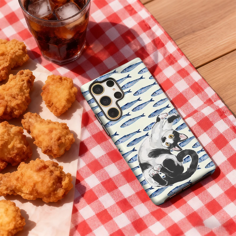 Funda de teléfono divertida con diseño de gato y pez para Samsung Galaxy S25 Ultra S24 S23 Ultra Plus, funda trasera de doble capa a prueba de golpes