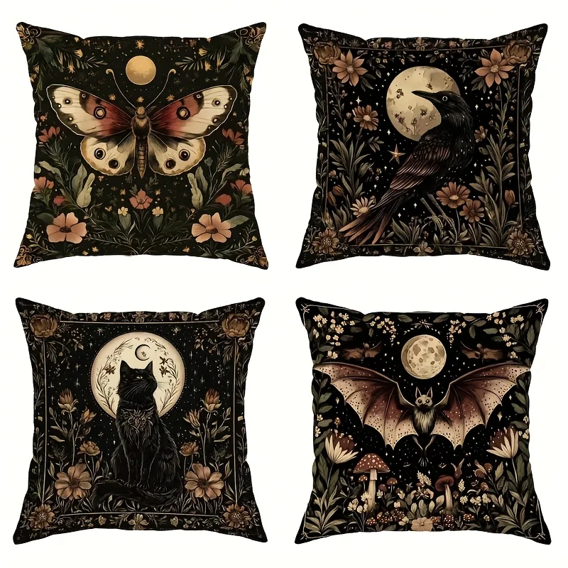 4Pcs Gothic Pillow Covers - Modern Raven/Bat/Black Cat Print Polyester Cushion Covers with Zipper for Multi-Scene Decor